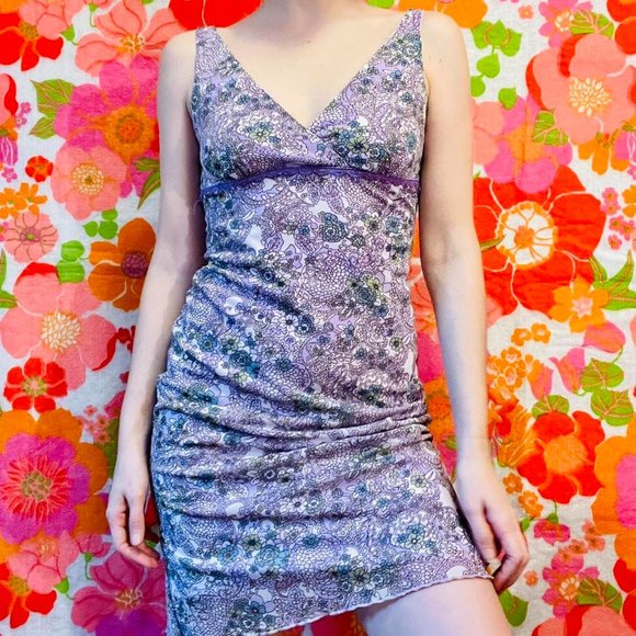Vintage 90s y2k Lavender purple mini dress with botanical print - Picture 4 of 4